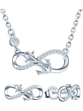Nautical Anchor Jewelry Set - 925 Sterling Silver Necklace & Stud Earrings for